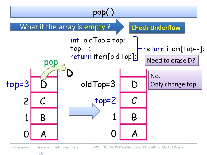 pop( ) What if the array is empty ? pop top=3 D 2 Check