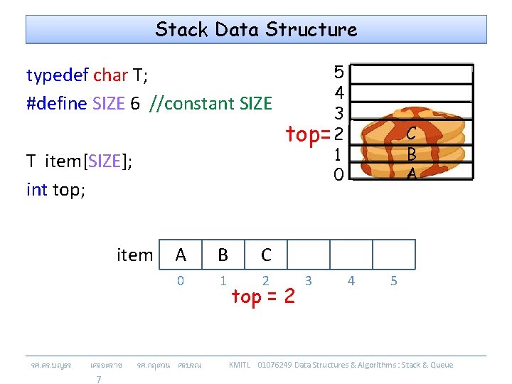 Stack Data Structure typedef char T; #define SIZE 6 //constant SIZE T item[SIZE]; int