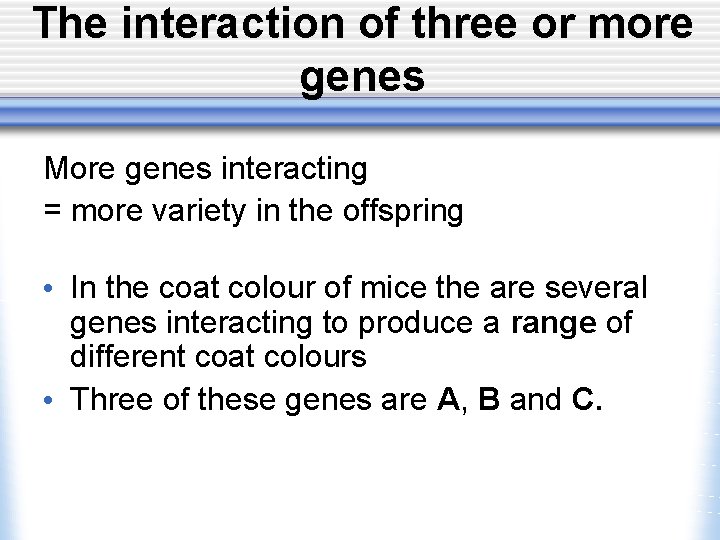 The interaction of three or more genes More genes interacting = more variety in