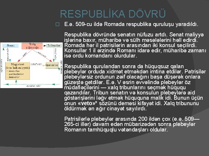  RESPUBLİKA DÖVRÜ � E. ə. 509 -cu ildə Romada respublika quruluşu yaradıldı. Respublika