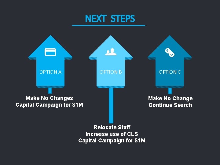 NEXT STEPS OPTION A OPTION B Make No Changes Capital Campaign for $1 M
