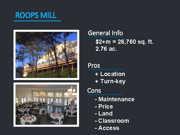 ROOPS MILL General Info $2+m = 26, 760 sq. ft. 2. 76 ac. Pros