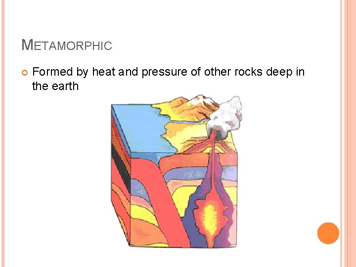 METAMORPHIC Formed by heat and pressure of other rocks deep in the earth 