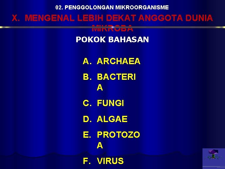 02. PENGGOLONGAN MIKROORGANISME X. MENGENAL LEBIH DEKAT ANGGOTA DUNIA MIKROBA POKOK BAHASAN A. ARCHAEA