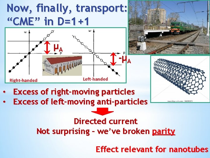 Now, finally, transport: “CME” in D=1+1 μA -μ A • Excess of right-moving particles