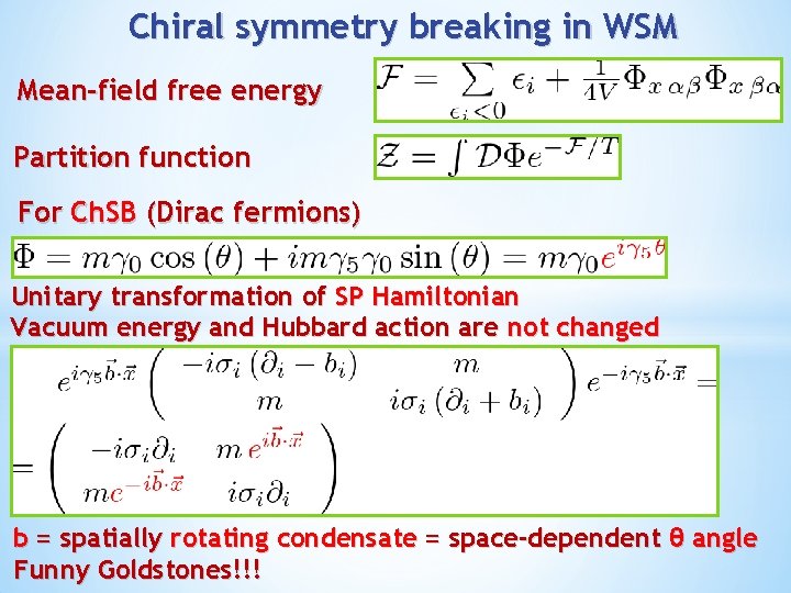 Chiral symmetry breaking in WSM Mean-field free energy Partition function For Ch. SB (Dirac