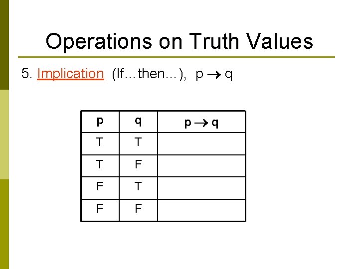 Operations on Truth Values 5. Implication (If…then…), p q p q T T T