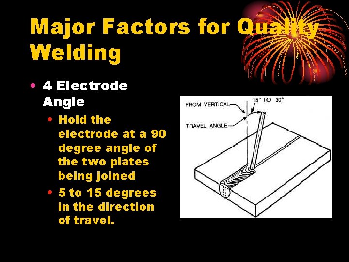 Major Factors for Quality Welding • 4 Electrode Angle • Hold the electrode at