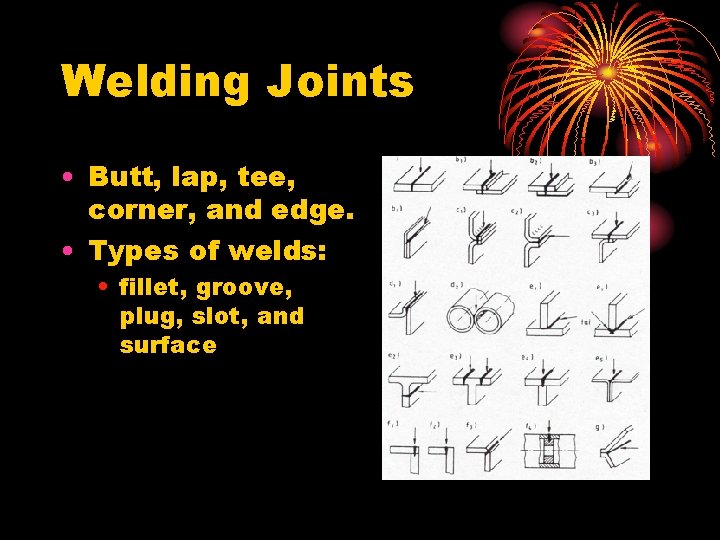 Welding Joints • Butt, lap, tee, corner, and edge. • Types of welds: •