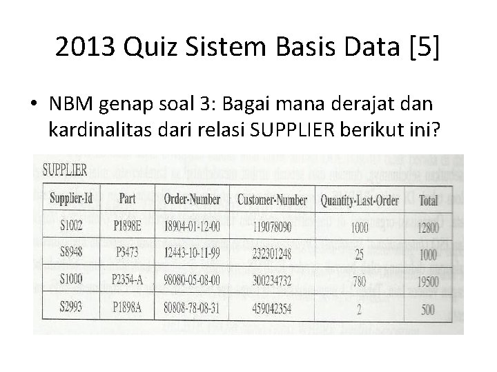 2013 Quiz Sistem Basis Data [5] • NBM genap soal 3: Bagai mana derajat