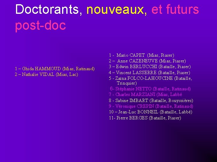 Doctorants, nouveaux, et futurs post-doc 1 – Ghida HAMMOUD (Mias, Ratinaud) 2 – Nathalie