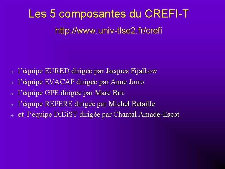 Les 5 composantes du CREFI-T http: //www. univ-tlse 2. fr/crefi l’équipe EURED dirigée par