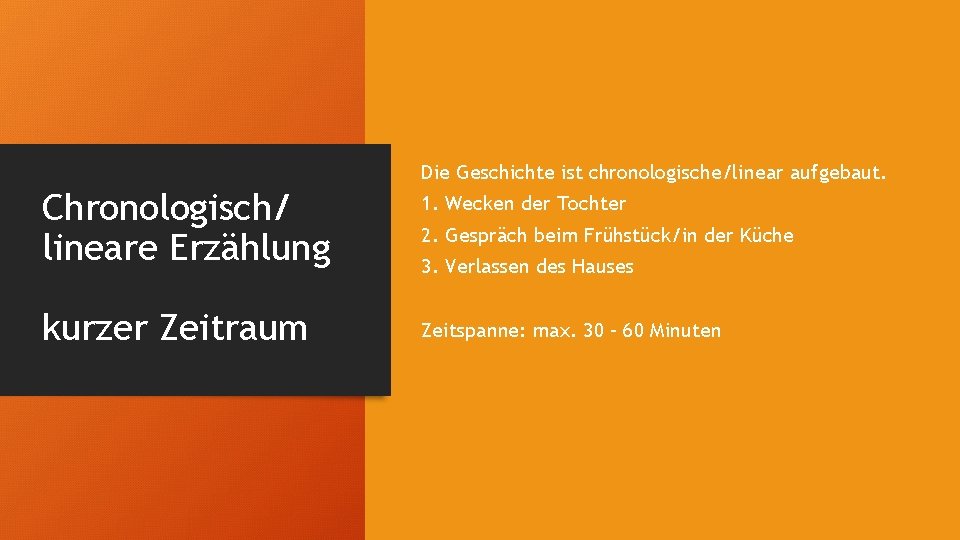 Die Geschichte ist chronologische/linear aufgebaut. Chronologisch/ lineare Erzählung kurzer Zeitraum 1. Wecken der Tochter