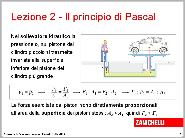 Lezione 2 - Il principio di Pascal Nel sollevatore idraulico la pressione p 1