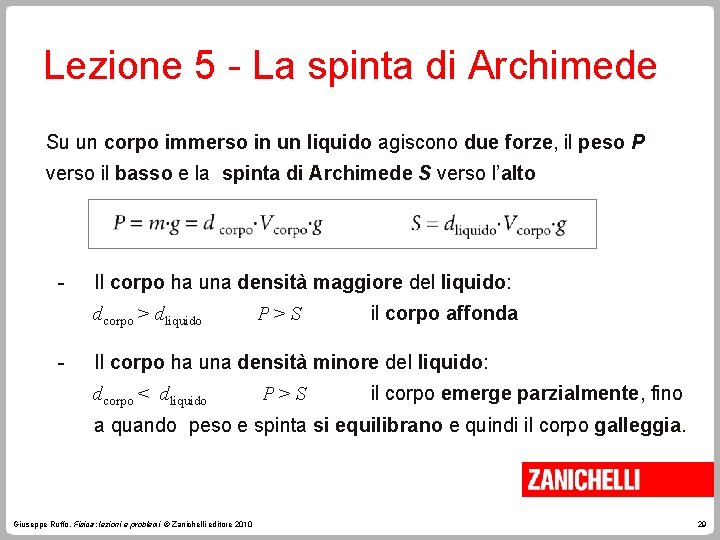 Lezione 5 - La spinta di Archimede Su un corpo immerso in un liquido