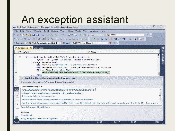 An exception assistant dialog box 