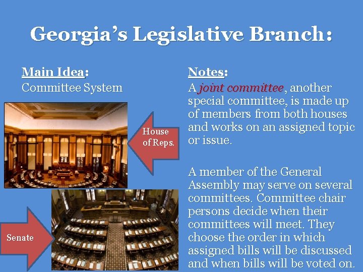 Georgia’s Legislative Branch: Main Idea: Committee System House of Reps. Senate Notes: A joint