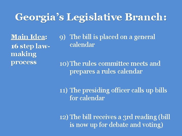 Georgia’s Legislative Branch: Main Idea: 16 step lawmaking process 9) The bill is placed