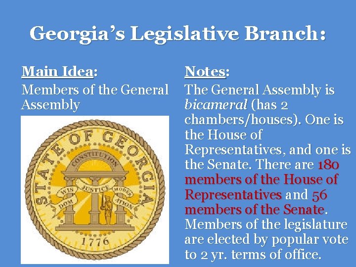 Georgia’s Legislative Branch: Main Idea: Members of the General Assembly Notes: The General Assembly