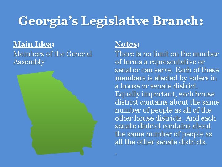 Georgia’s Legislative Branch: Main Idea: Members of the General Assembly Notes: There is no