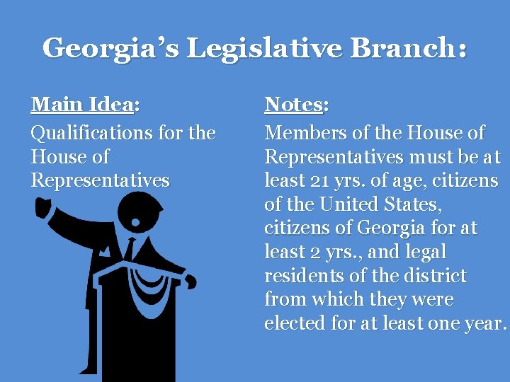 Georgia’s Legislative Branch: Main Idea: Qualifications for the House of Representatives Notes: Members of