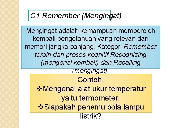 C 1 Remember (Mengingat) Mengingat adalah kemampuan memperoleh kembali pengetahuan yang relevan dari memori