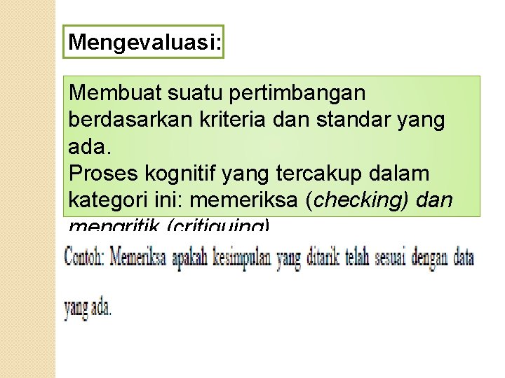 Mengevaluasi: Membuat suatu pertimbangan berdasarkan kriteria dan standar yang ada. Proses kognitif yang tercakup