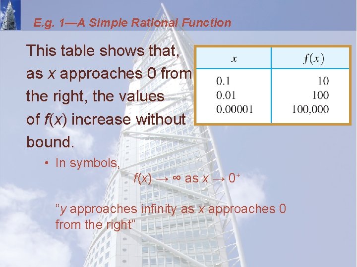 E. g. 1—A Simple Rational Function This table shows that, as x approaches 0