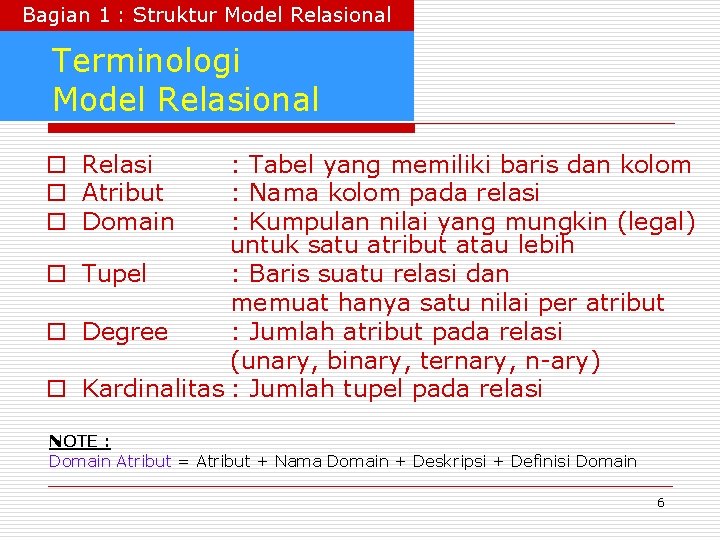 Bagian 1 : Struktur Model Relasional Terminologi Model Relasional o Relasi o Atribut o