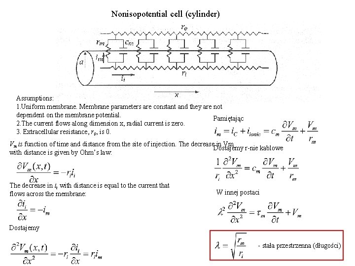 Nonisopotential cell (cylinder) Assumptions: 1. Uniform membrane. Membrane parameters are constant and they are