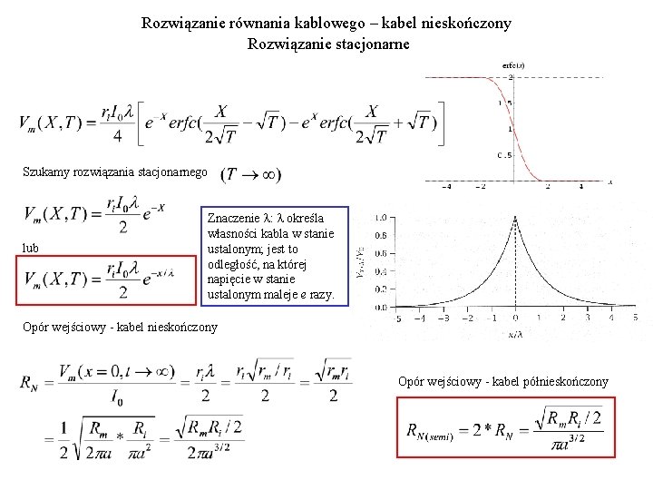 Rozwiązanie równania kablowego – kabel nieskończony Rozwiązanie stacjonarne Szukamy rozwiązania stacjonarnego lub Znaczenie l: