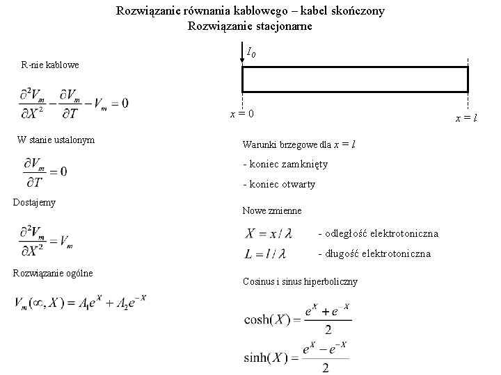 Rozwiązanie równania kablowego – kabel skończony Rozwiązanie stacjonarne I 0 R-nie kablowe x=0 W
