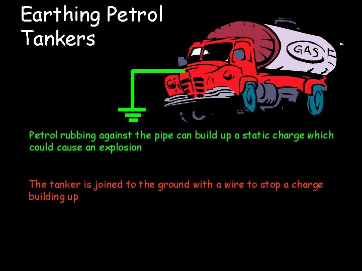 Earthing Petrol Tankers Petrol rubbing against the pipe can build up a static charge
