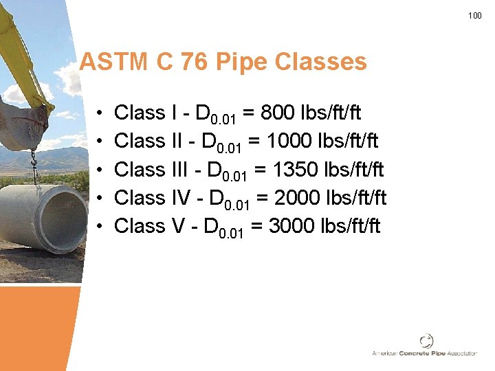 100 ASTM C 76 Pipe Classes • • • Class I - D 0.