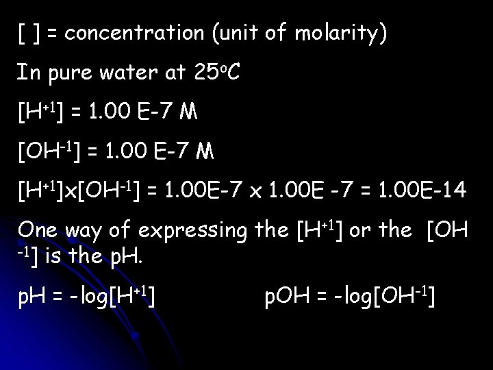 [ ] = concentration (unit of molarity) In pure water at 25 o. C