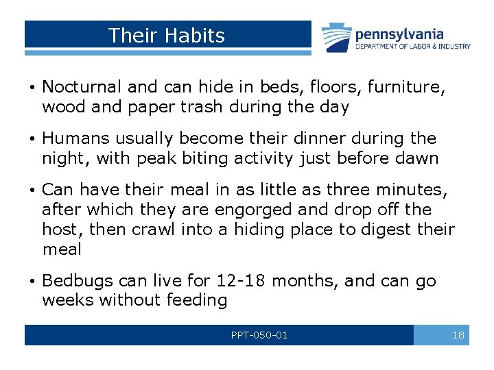 Their Habits • Nocturnal and can hide in beds, floors, furniture, wood and paper