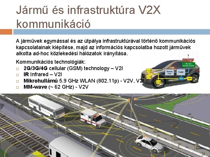 Jármű és infrastruktúra V 2 X kommunikáció A járművek egymással és az útpálya infrastruktúrával