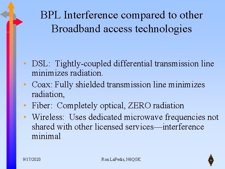 BPL Interference compared to other Broadband access technologies • DSL: Tightly-coupled differential transmission line