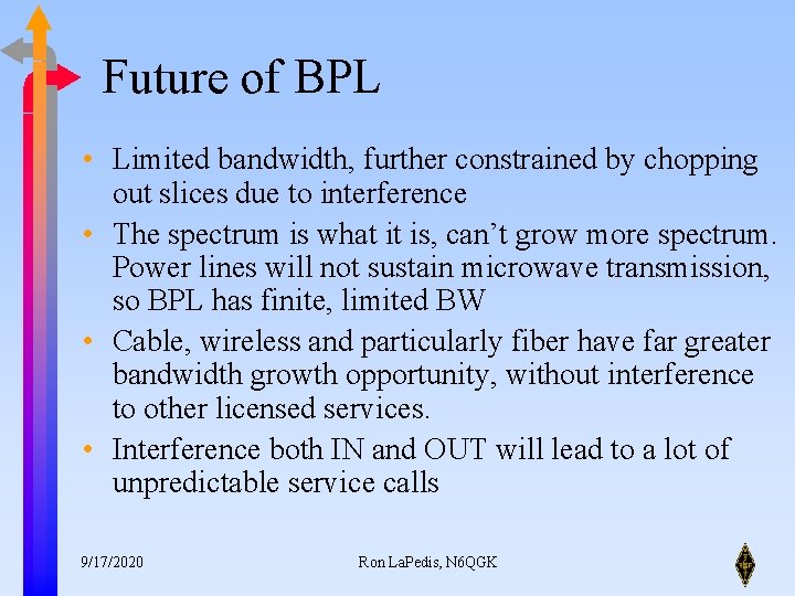 Future of BPL • Limited bandwidth, further constrained by chopping out slices due to