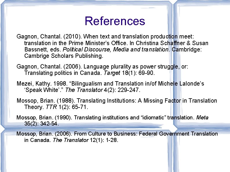 References Gagnon, Chantal. (2010). When text and translation production meet: translation in the Prime