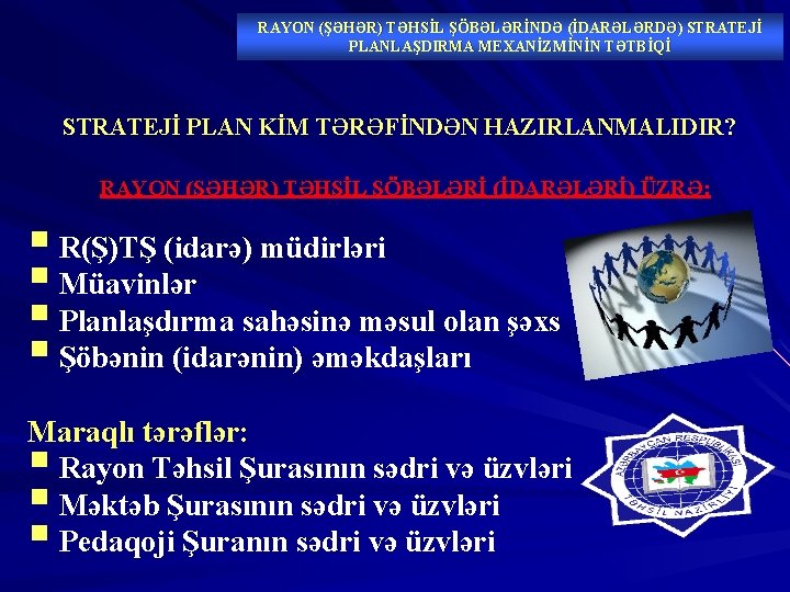 RAYON (ŞƏHƏR) TƏHSİL ŞÖBƏLƏRİNDƏ (İDARƏLƏRDƏ) STRATEJİ PLANLAŞDIRMA MEXANİZMİNİN TƏTBİQİ STRATEJİ PLAN KİM TƏRƏFİNDƏN HAZIRLANMALIDIR?