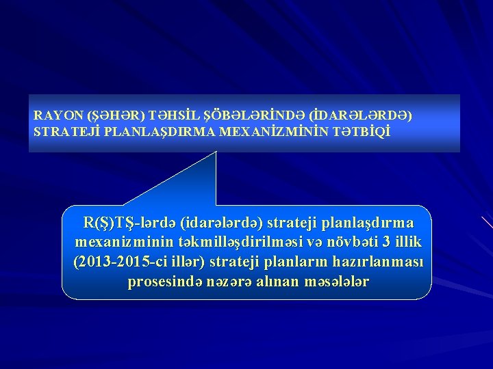 RAYON (ŞƏHƏR) TƏHSİL ŞÖBƏLƏRİNDƏ (İDARƏLƏRDƏ) STRATEJİ PLANLAŞDIRMA MEXANİZMİNİN TƏTBİQİ R(Ş)TŞ-lərdə (idarələrdə) strateji planlaşdırma mexanizminin