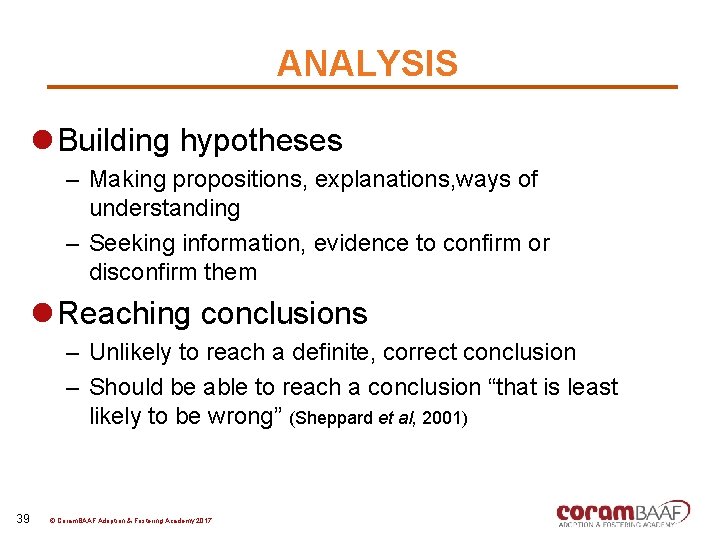 ANALYSIS l Building hypotheses – Making propositions, explanations, ways of understanding – Seeking information,