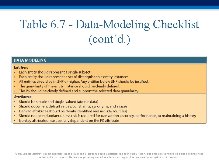 Table 6. 7 - Data-Modeling Checklist (cont’d. ) © 2017 Cengage Learning®. May not Table 6. 7 - Data-Modeling Checklist (cont’d. ) © 2017 Cengage Learning®. May not