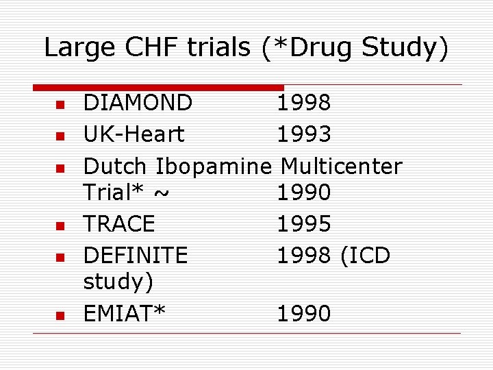 Large CHF trials (*Drug Study) n n n DIAMOND 1998 UK-Heart 1993 Dutch Ibopamine