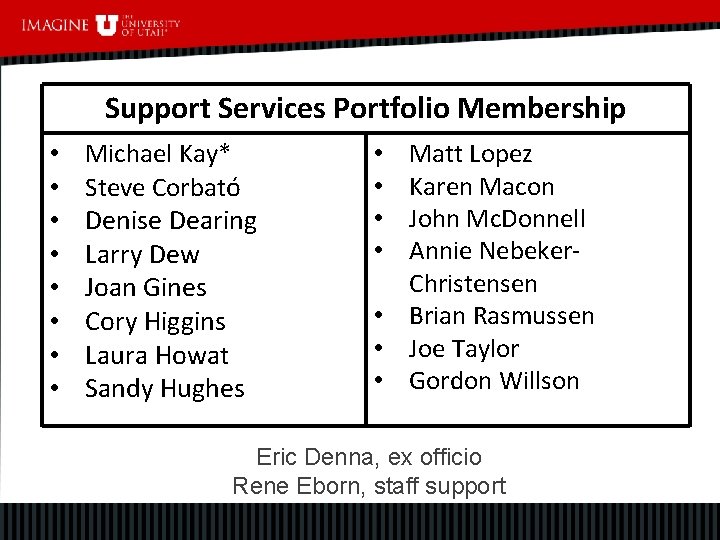 Support Services Portfolio Membership • • Michael Kay* Steve Corbató Denise Dearing Larry Dew