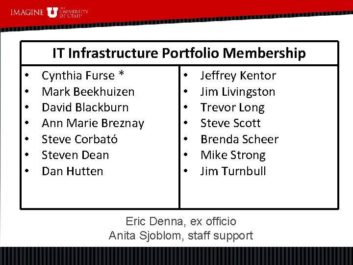 IT Infrastructure Portfolio Membership • • Cynthia Furse * Mark Beekhuizen David Blackburn Ann