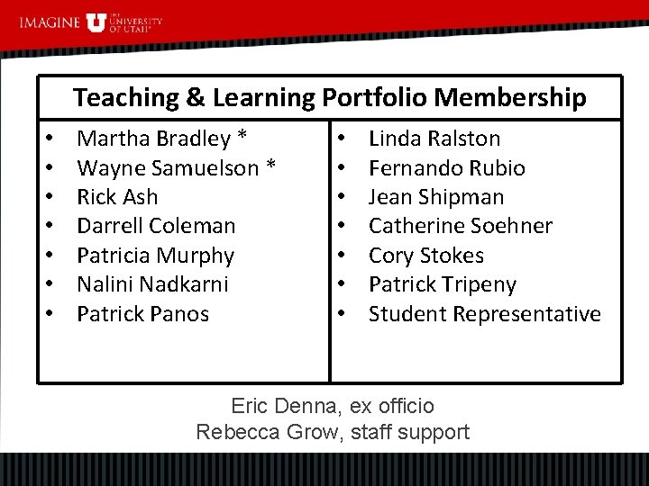 Teaching & Learning Portfolio Membership • • Martha Bradley * Wayne Samuelson * Rick