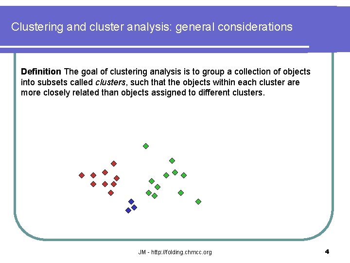 Clustering and cluster analysis: general considerations Definition The goal of clustering analysis is to