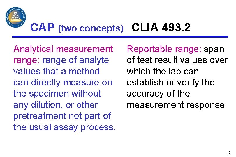 CAP (two concepts) CLIA 493. 2 Analytical measurement range: range of analyte values that